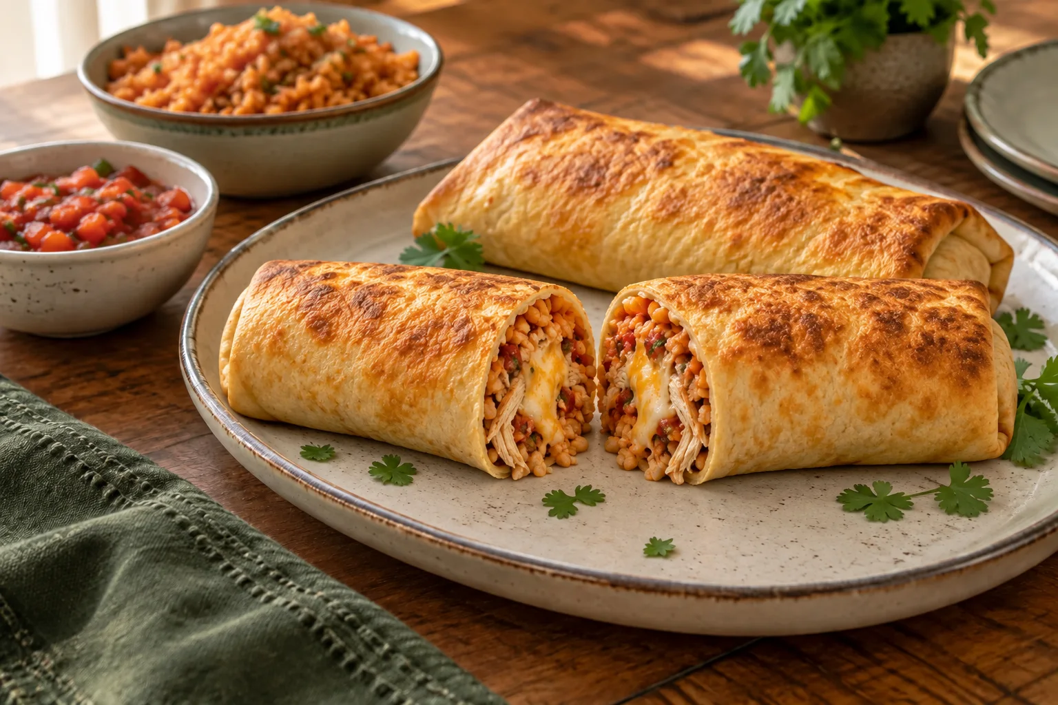 Golden baked chicken chimichangas filled with shredded chicken, Spanish rice, salsa, and cheese