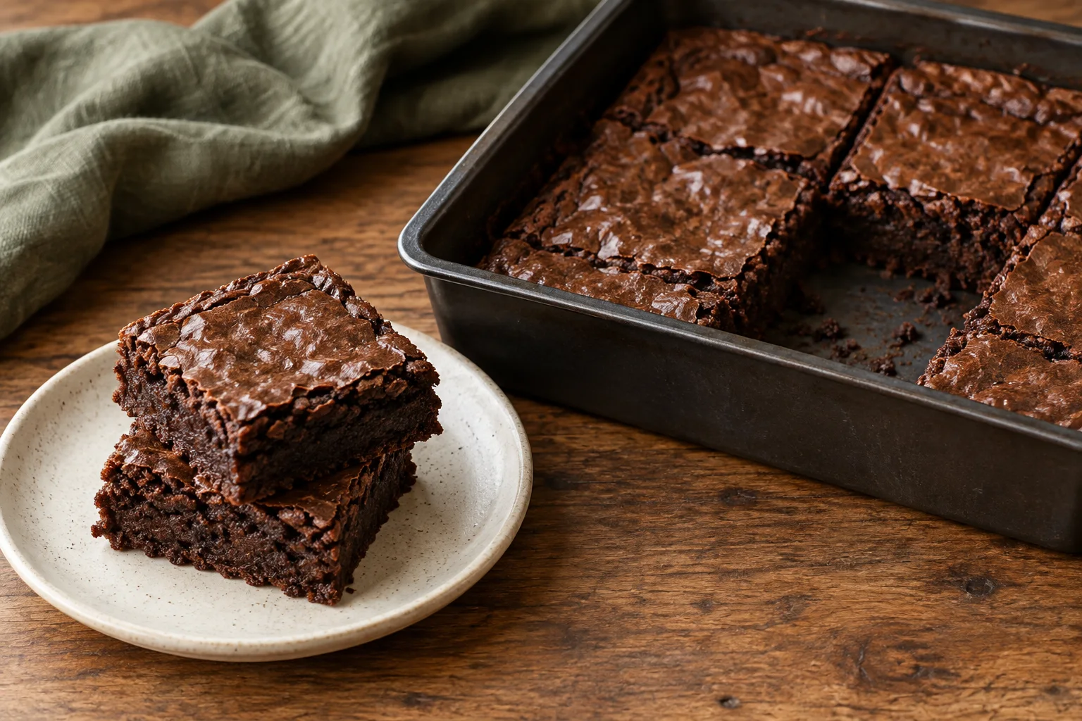 Rich chocolate brownies with crackled tops in a square baking pan