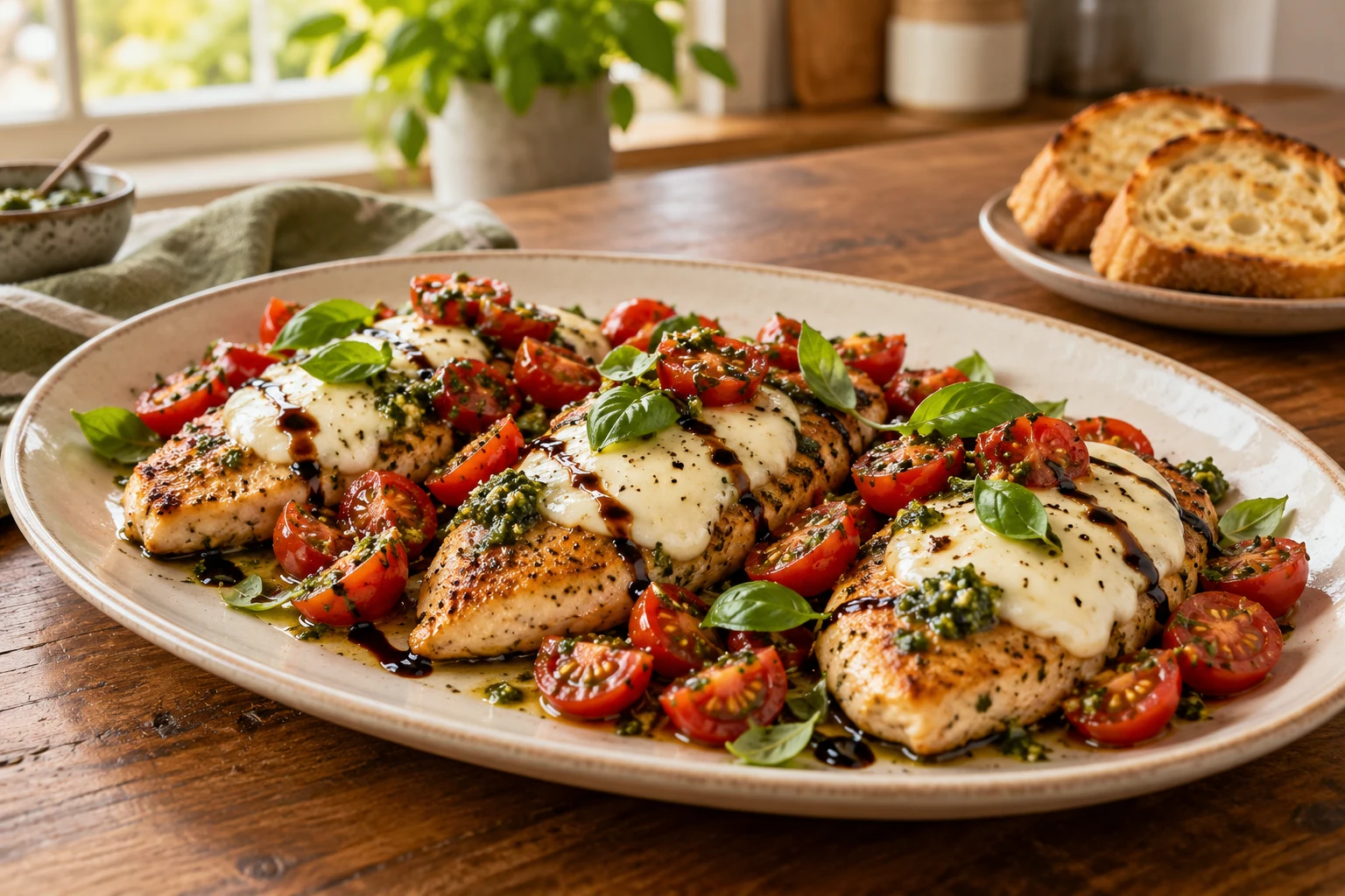 Caprese chicken with melted mozzarella, cherry tomatoes, basil, and balsamic glaze