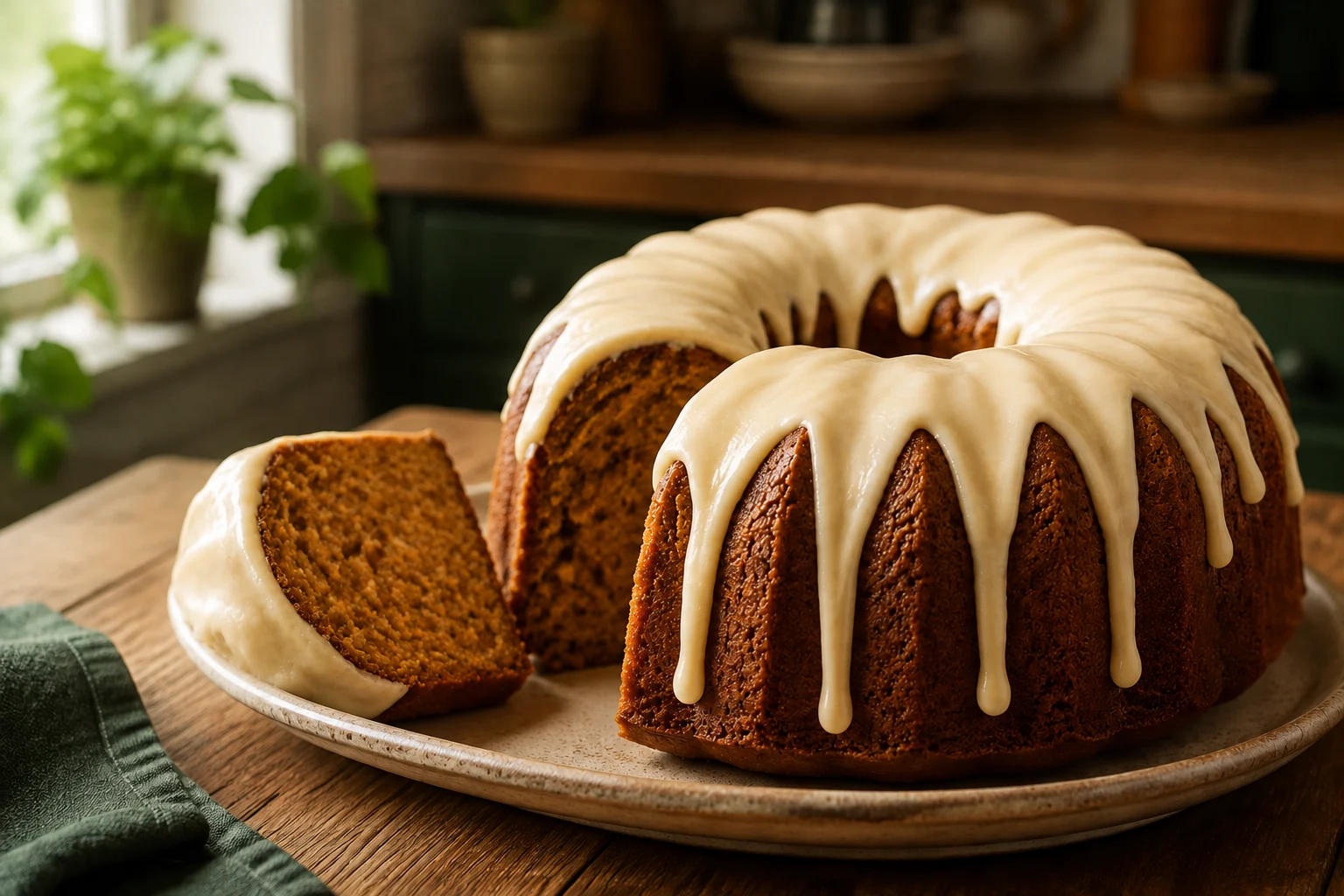 Carrot Bundt cake with smooth cream cheese icing and a slice cut beside it