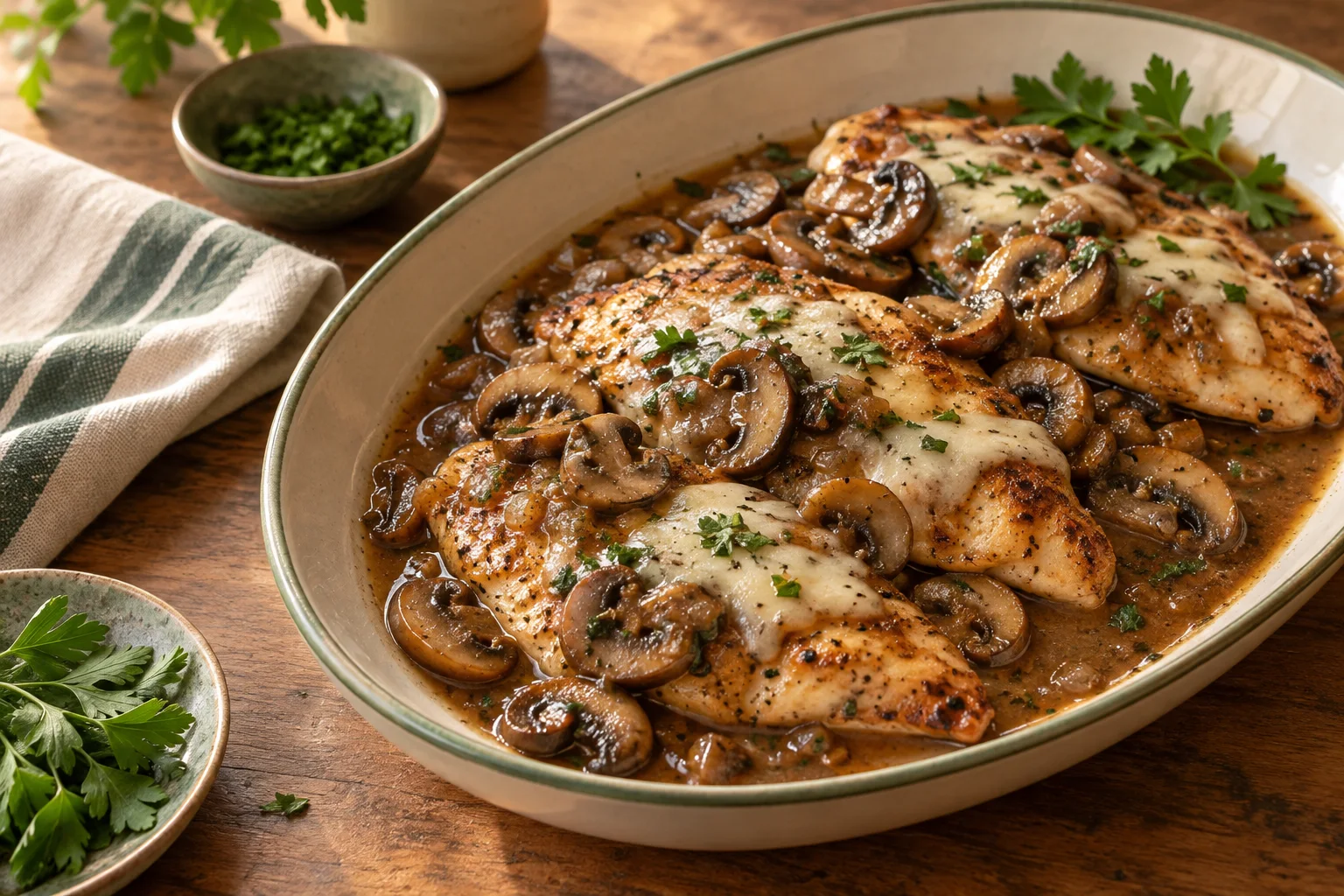 Chicken Marsala with sliced mushrooms, amber wine sauce, and melted Monterey Jack cheese