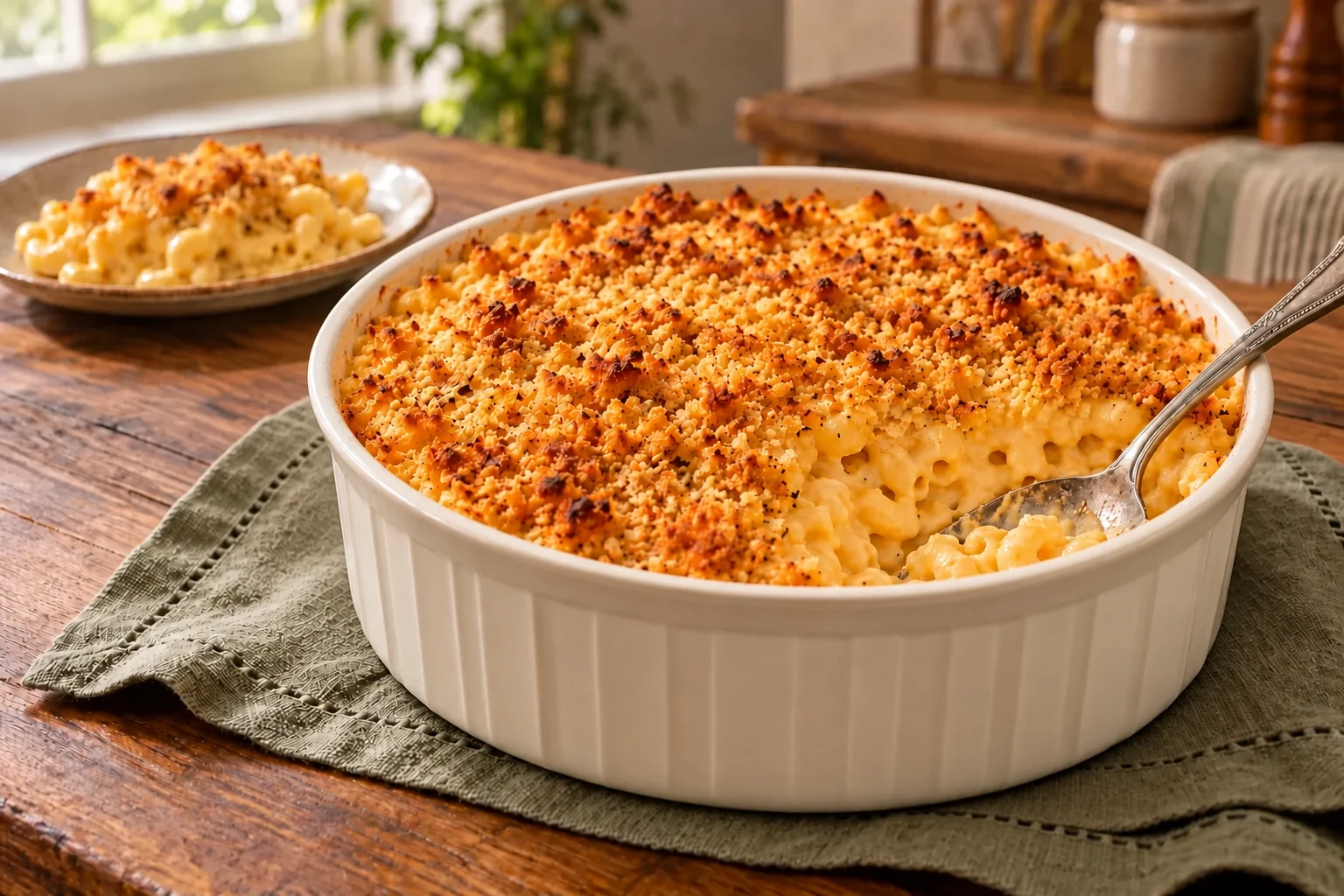 Baked macaroni and cheese with a golden breadcrumb topping