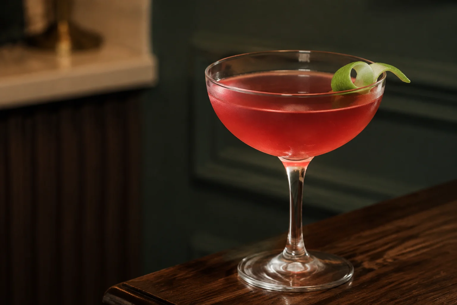 Cranberry-pink Cosmopolitan in a coupe glass with a lime twist