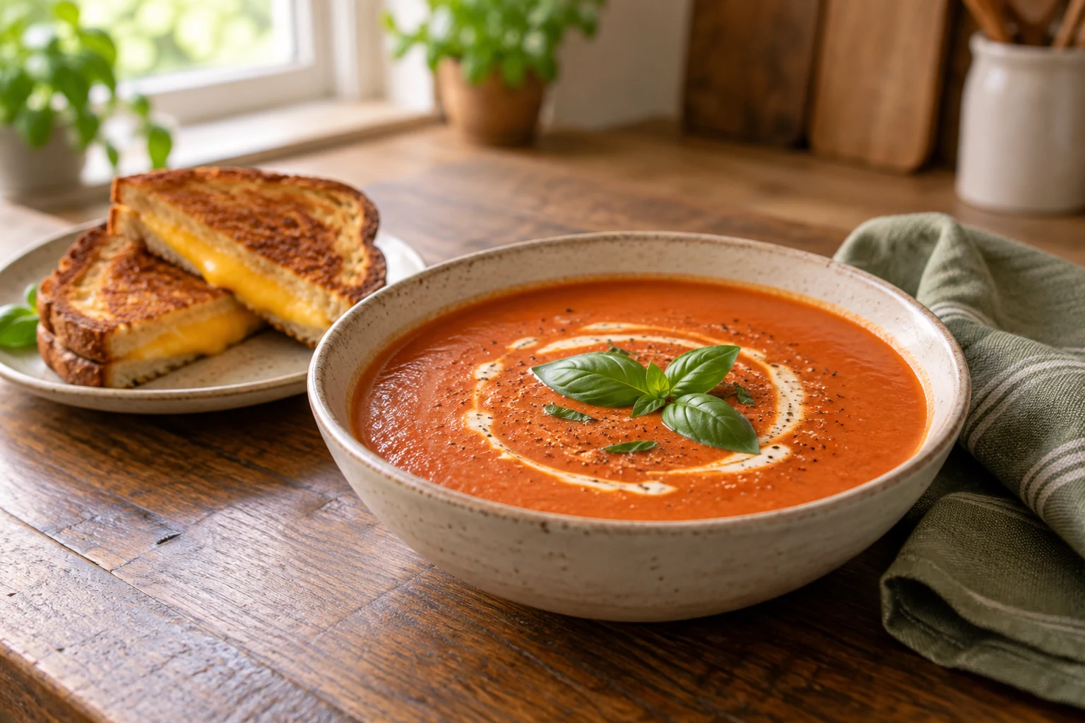 A bowl of creamy tomato soup topped with basil beside grilled cheese