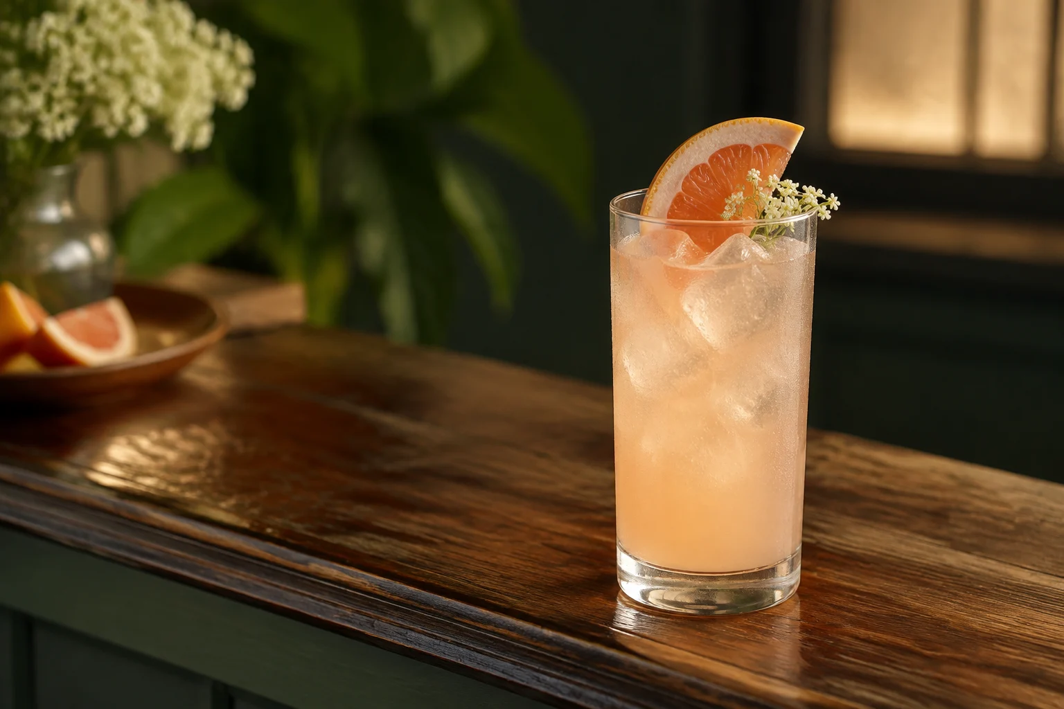 Pale grapefruit tequila cocktail over ice in a tall glass