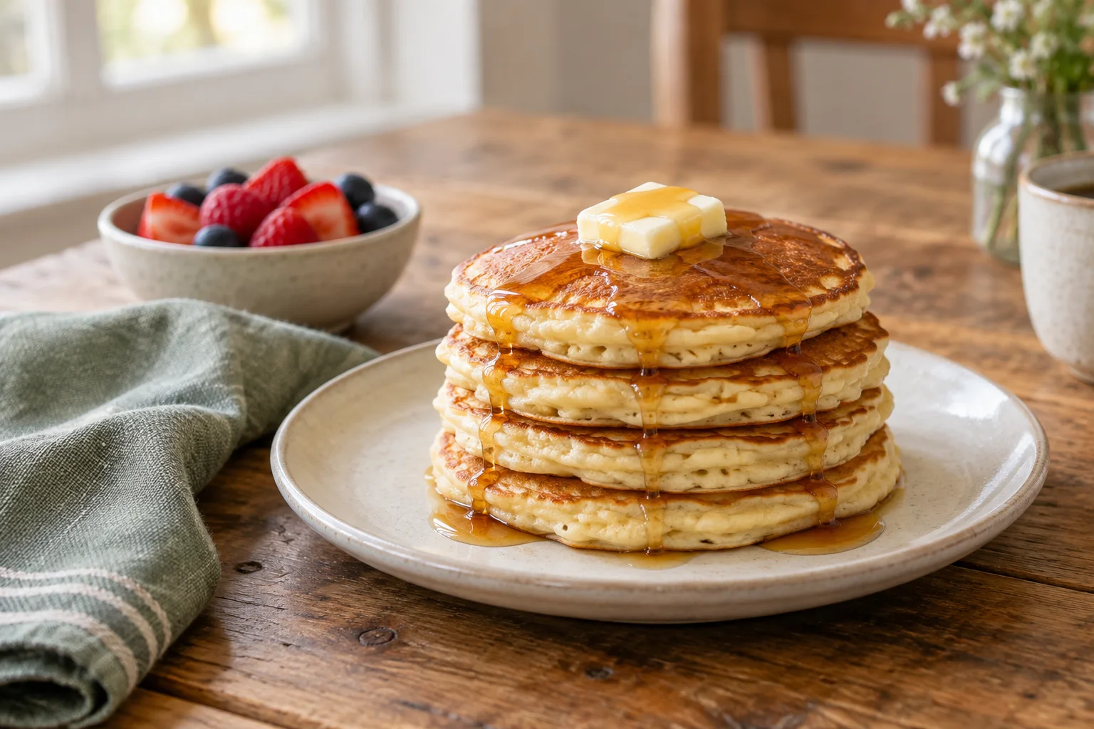 A stack of fluffy golden pancakes with butter and maple syrup