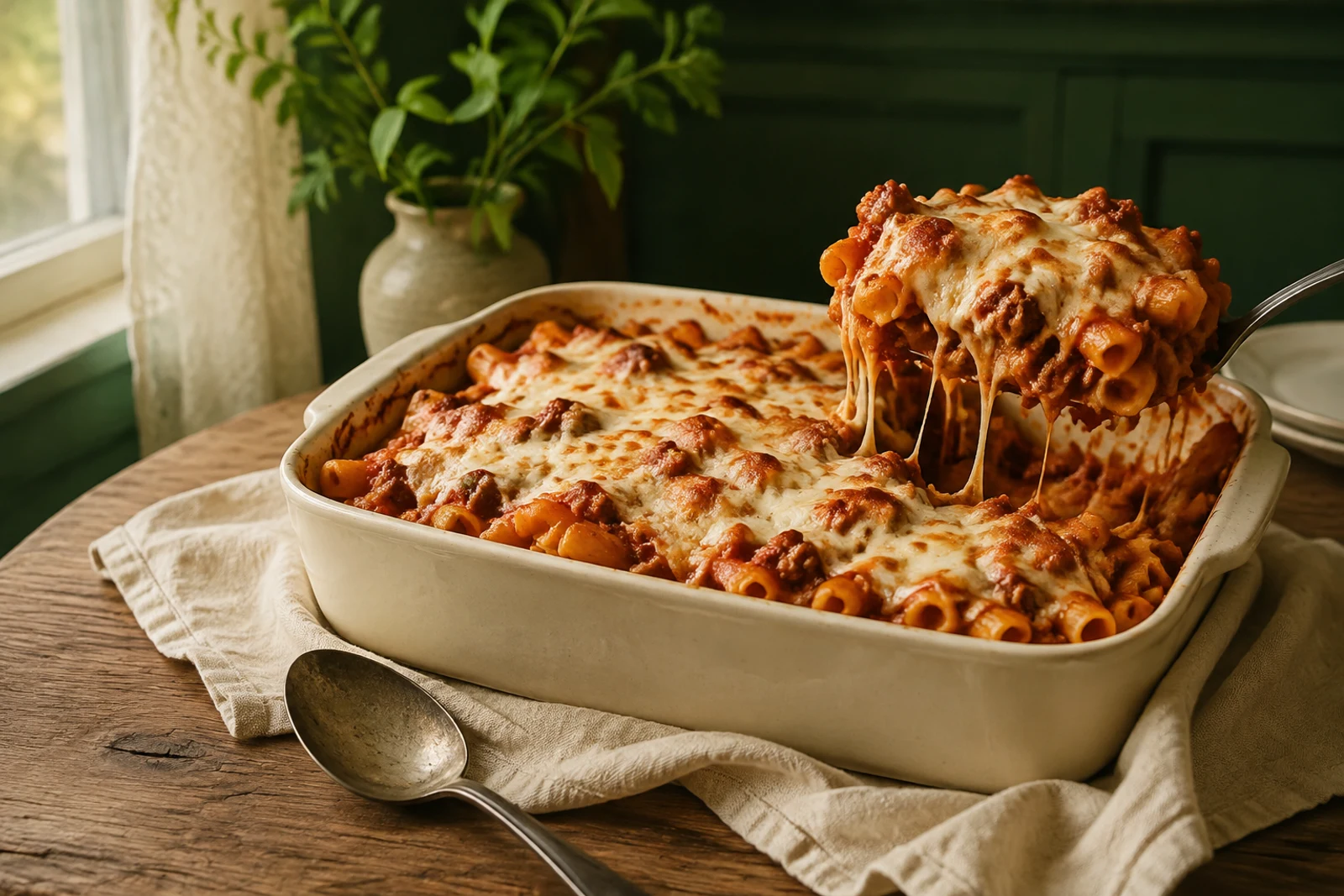 Cheesy baked ziti in a cream casserole dish with one serving lifted