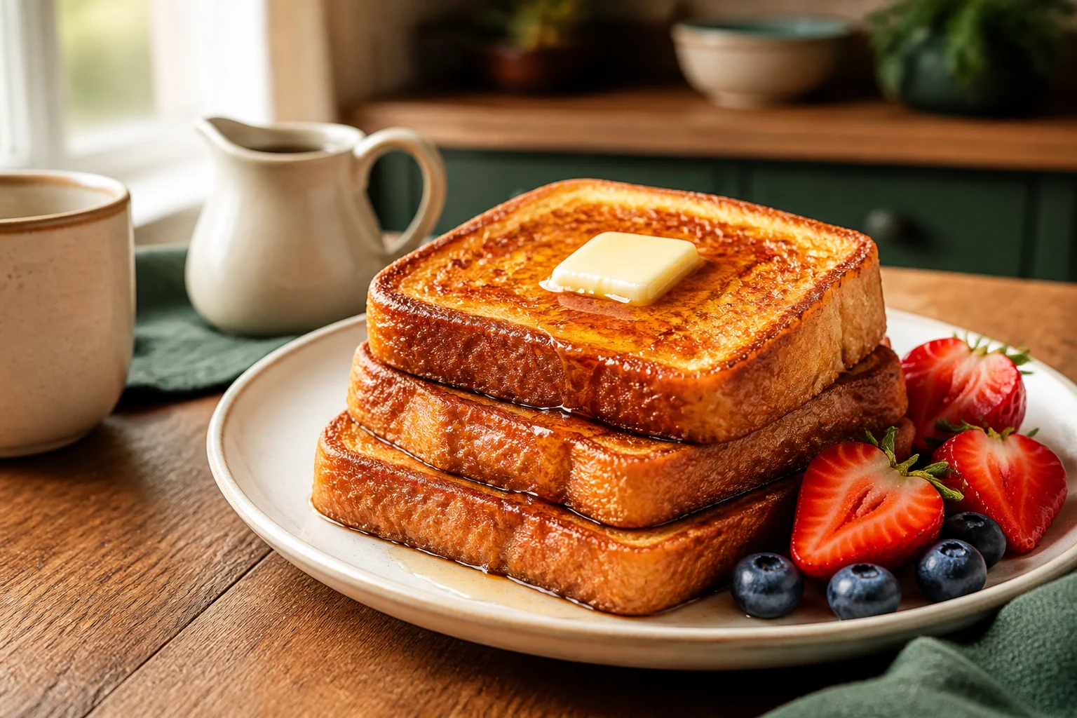 Thick golden slices of French toast with butter, maple syrup, and fresh berries
