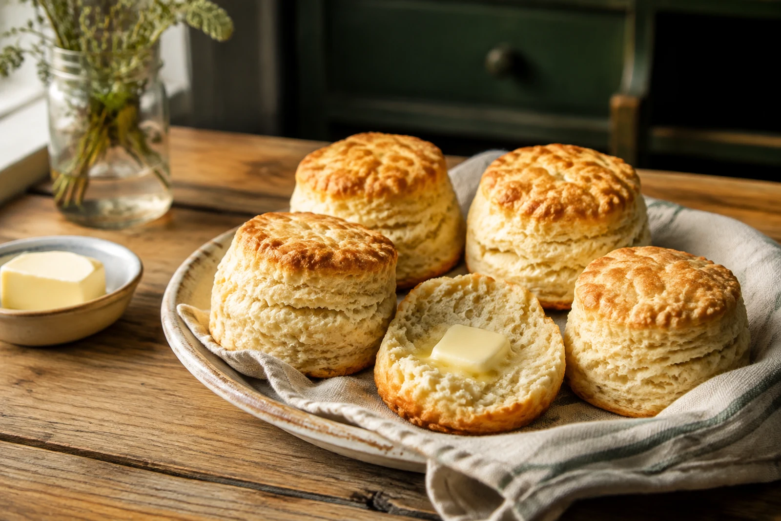 Flaky homemade biscuits on a linen-lined platter with one split open and buttered