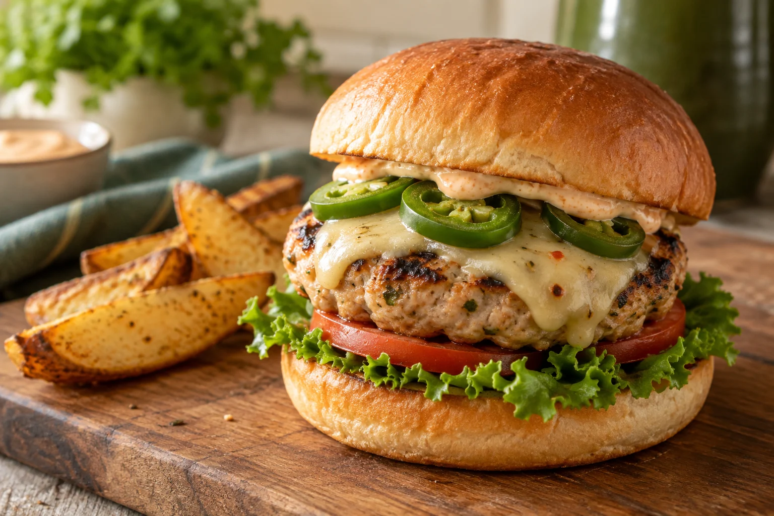Grilled jalapeño pepper jack turkey burger with lettuce and tomato