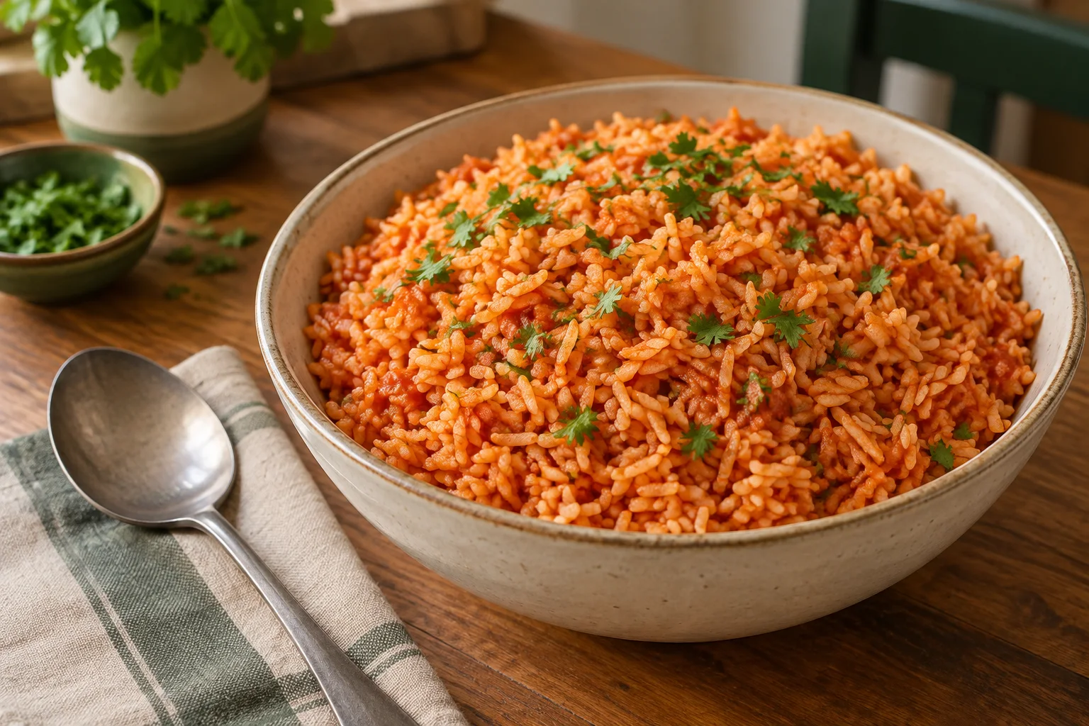 A bowl of fluffy Mexican rice with tomato, cumin, onion, garlic, and cilantro