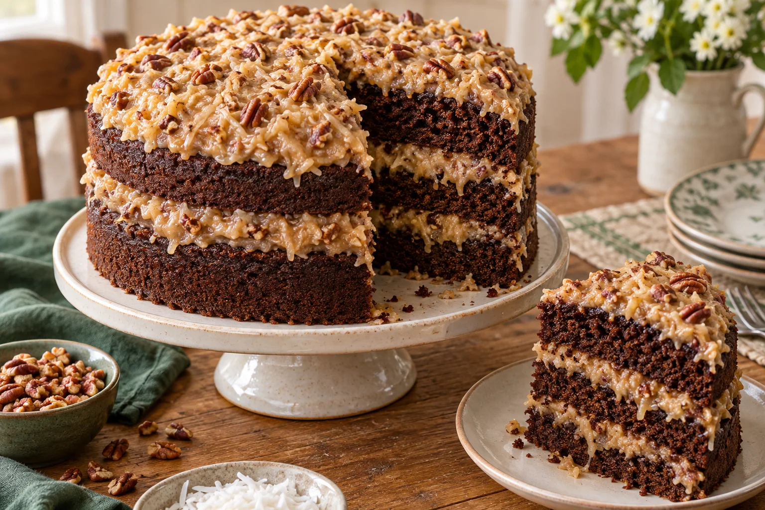 Three-layer German chocolate cake with coconut-pecan frosting between the layers and on top