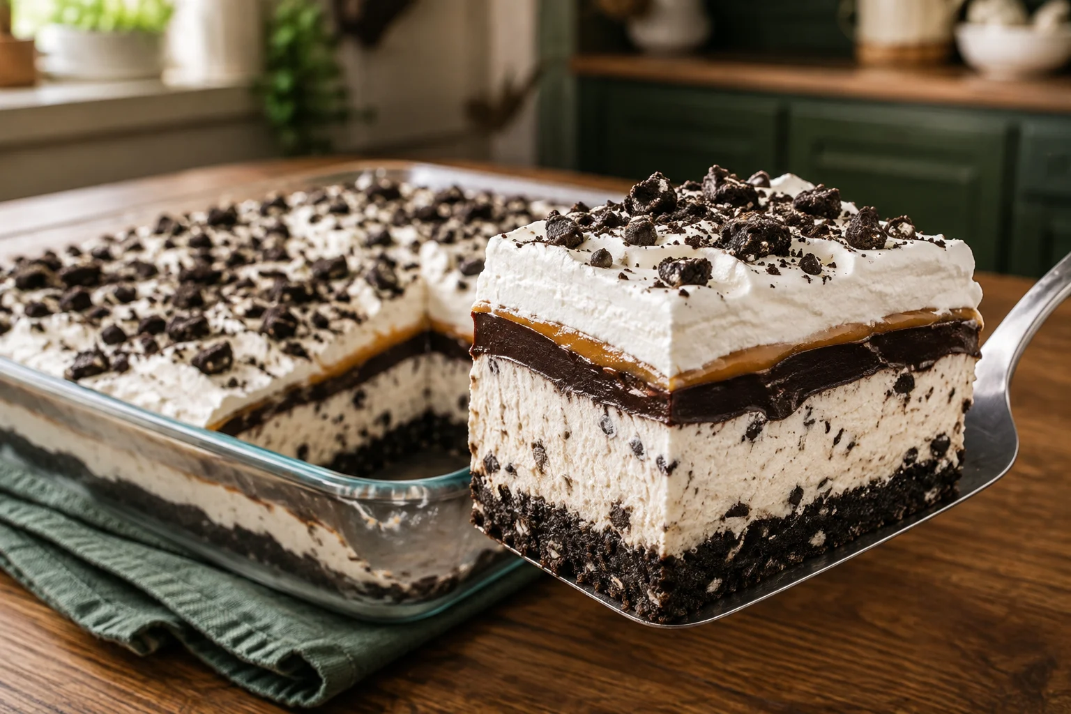 Layered Oreo ice cream cake with hot fudge, caramel, and whipped topping