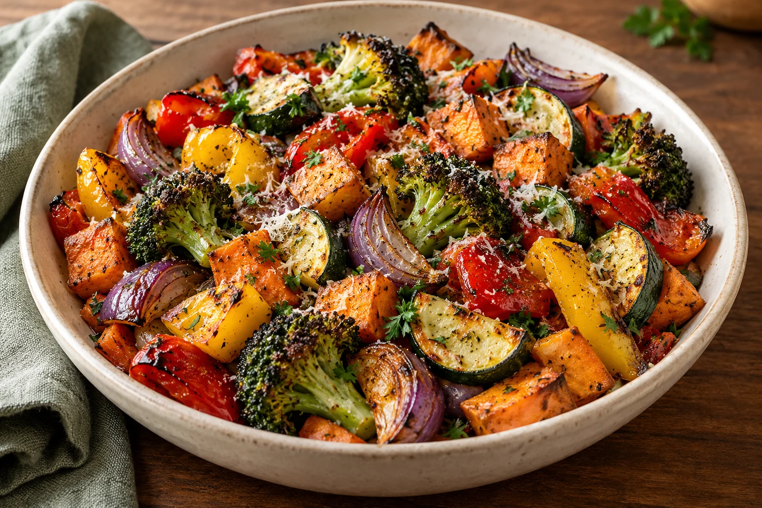 Bowl of roasted peppers, zucchini, sweet potato, red onion, and broccoli with Parmesan