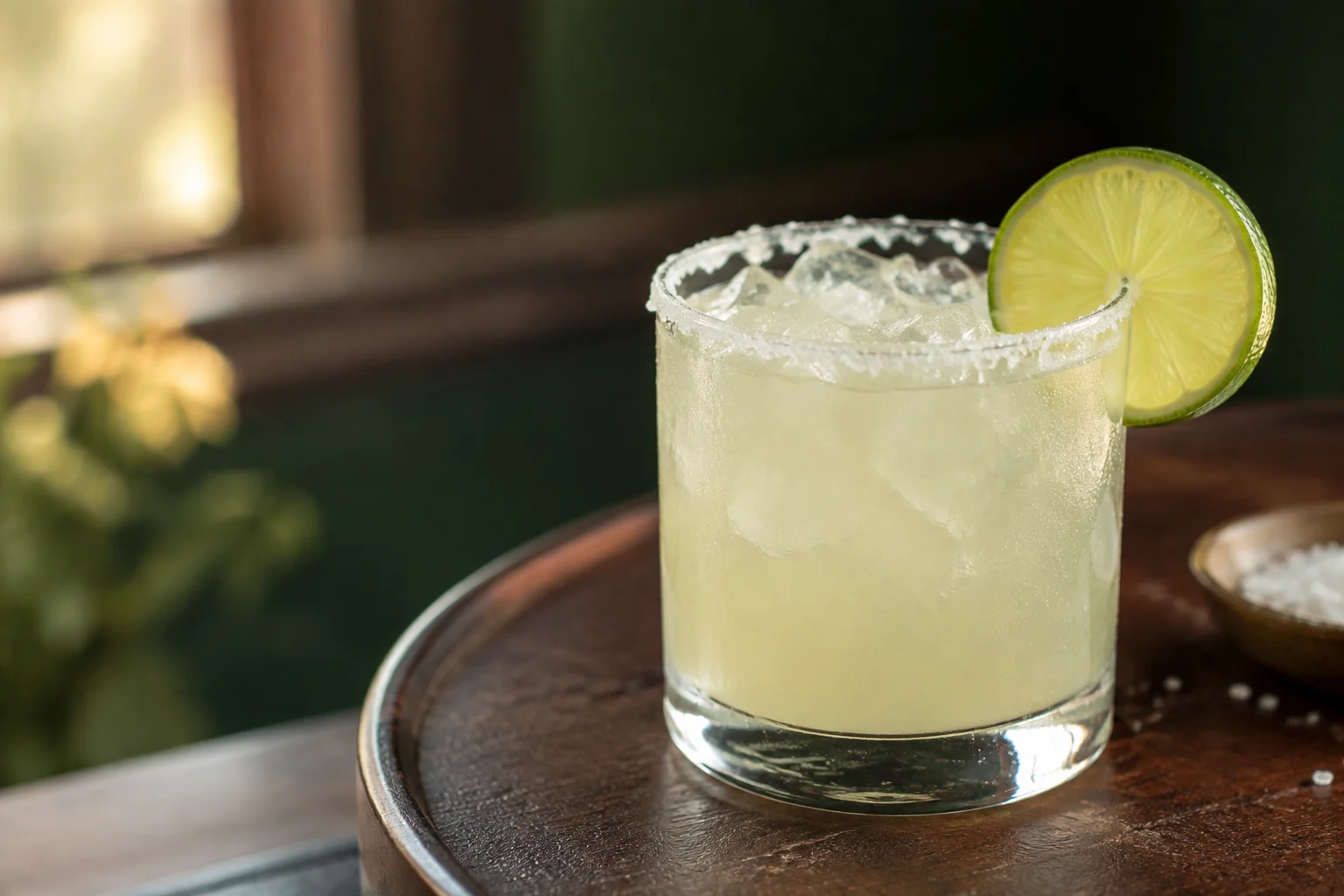Pale lime margarita over ice with a salt rim and lime wheel