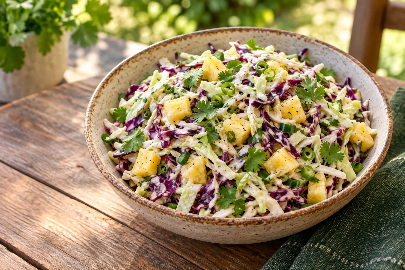 Pineapple coleslaw with cabbage, cilantro, green onions, and jalapeño