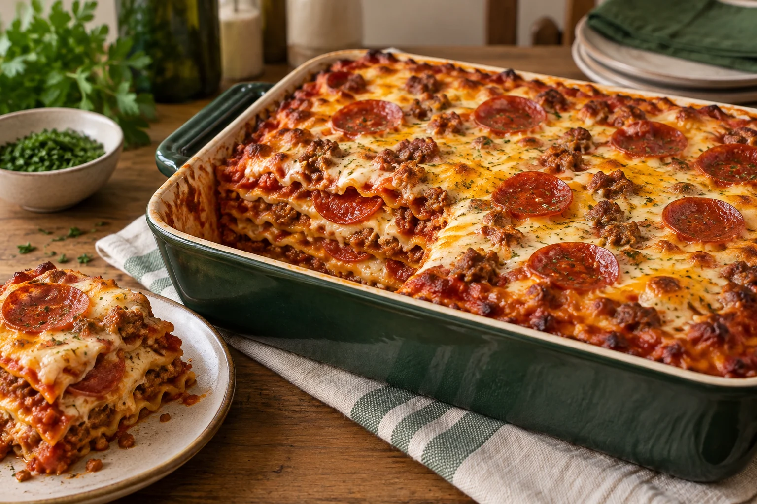 Pizza lasagna with Italian sausage, pepperoni, tomato sauce, and melted cheese