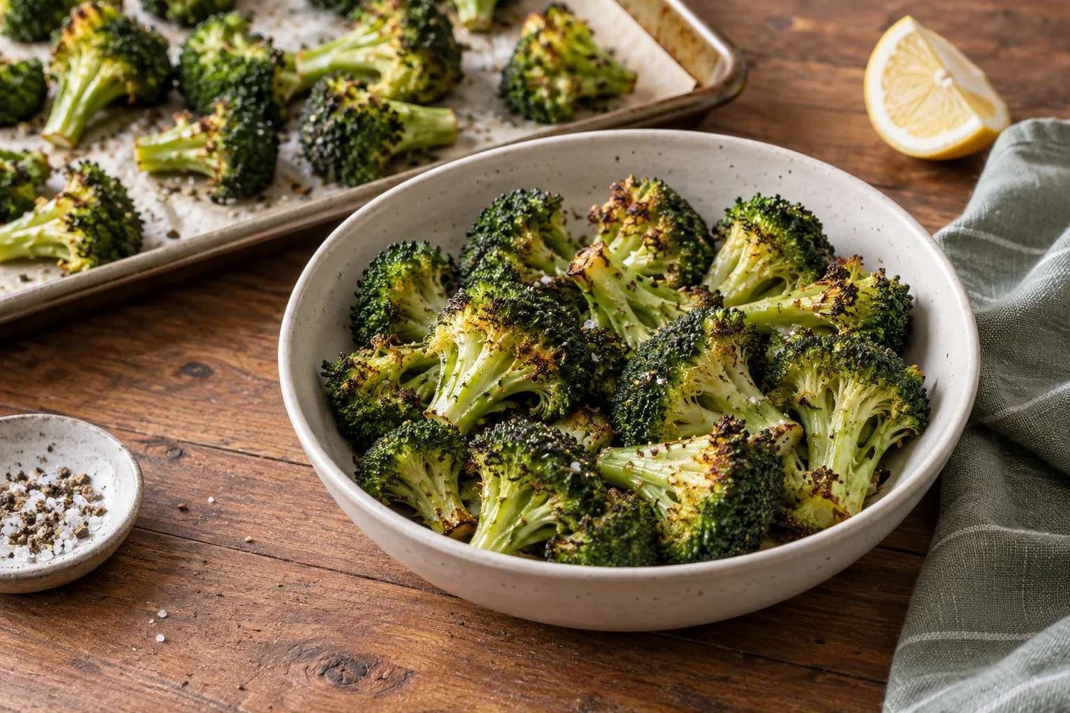 Crisp roasted broccoli florets in a cream serving bowl