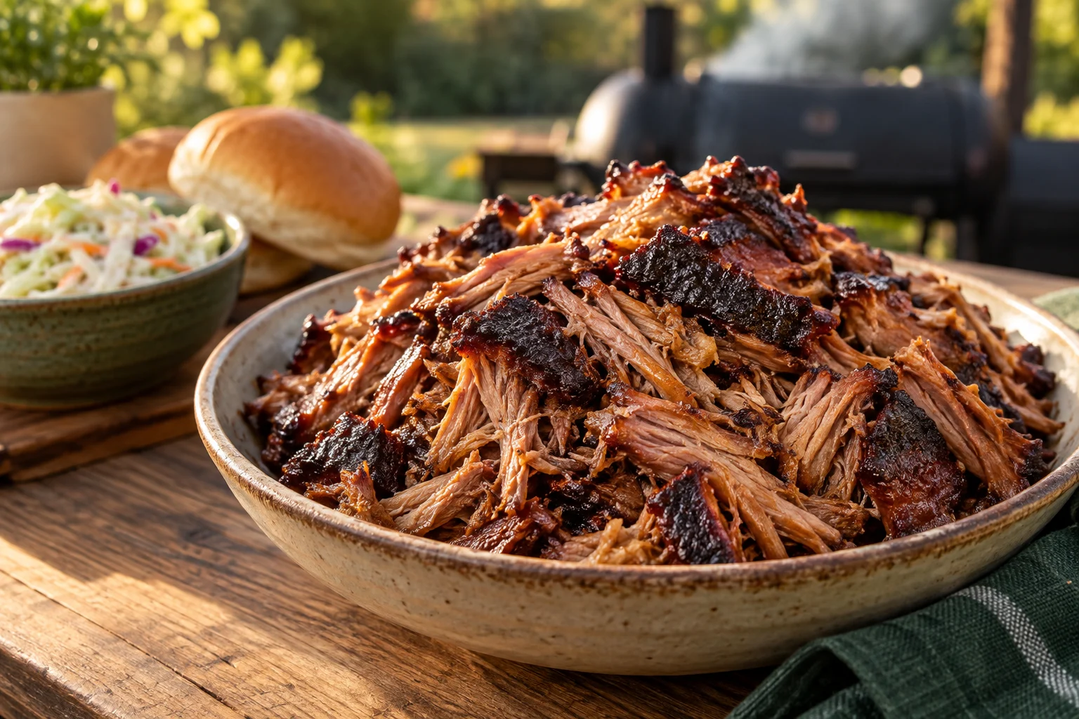 Smoked pulled pork with dark bark in a rustic serving bowl