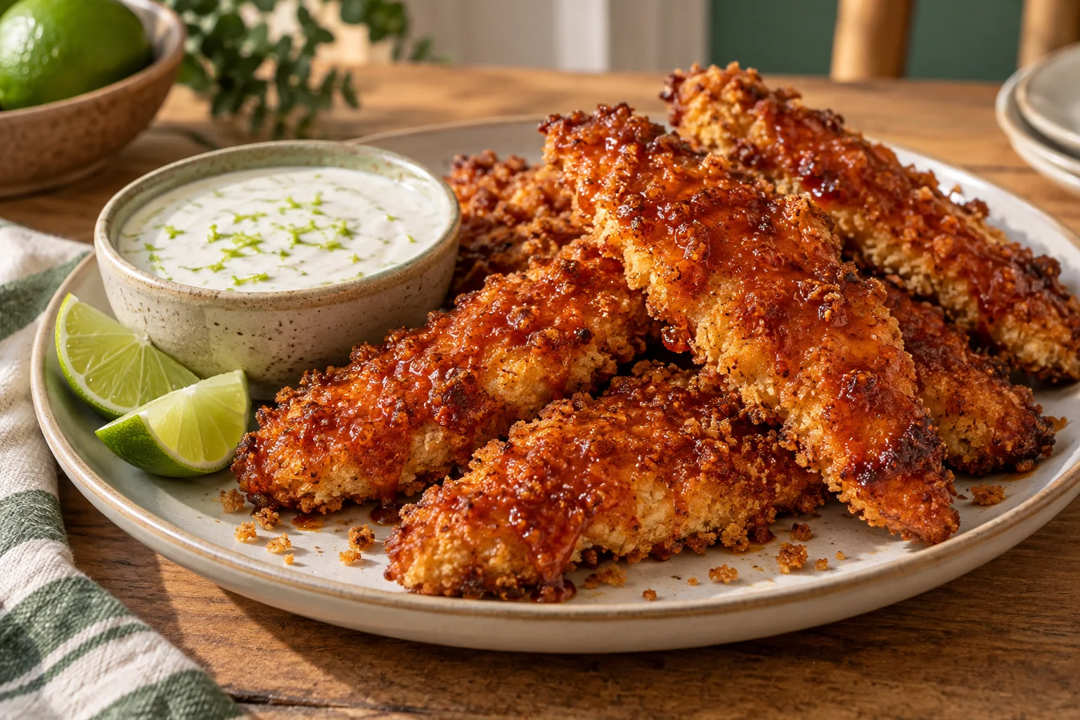 Crispy sriracha honey chicken tenders with creamy lime dipping sauce