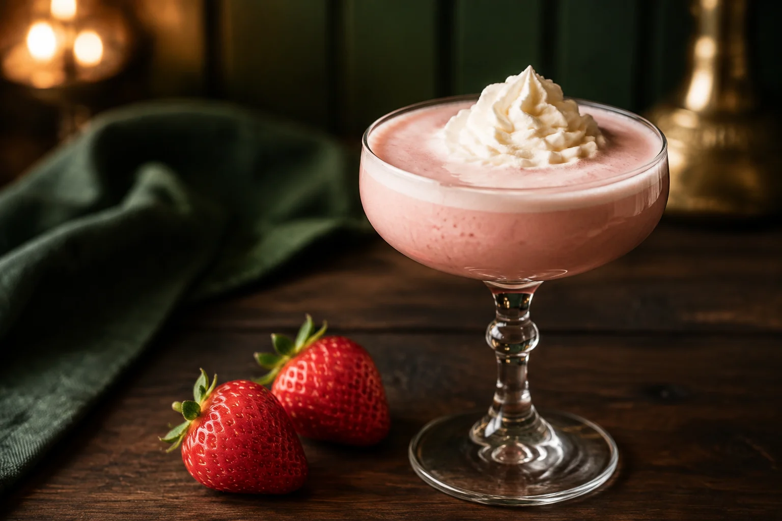Creamy pink strawberry cocktail topped with whipped cream