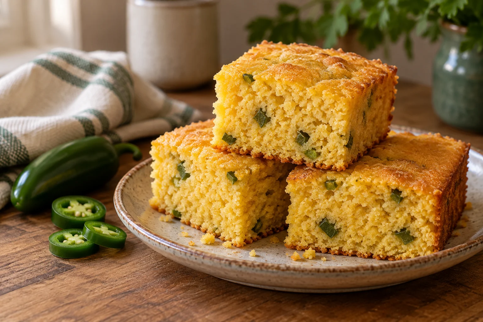 Squares of sweet jalapeño cornbread on a rustic plate
