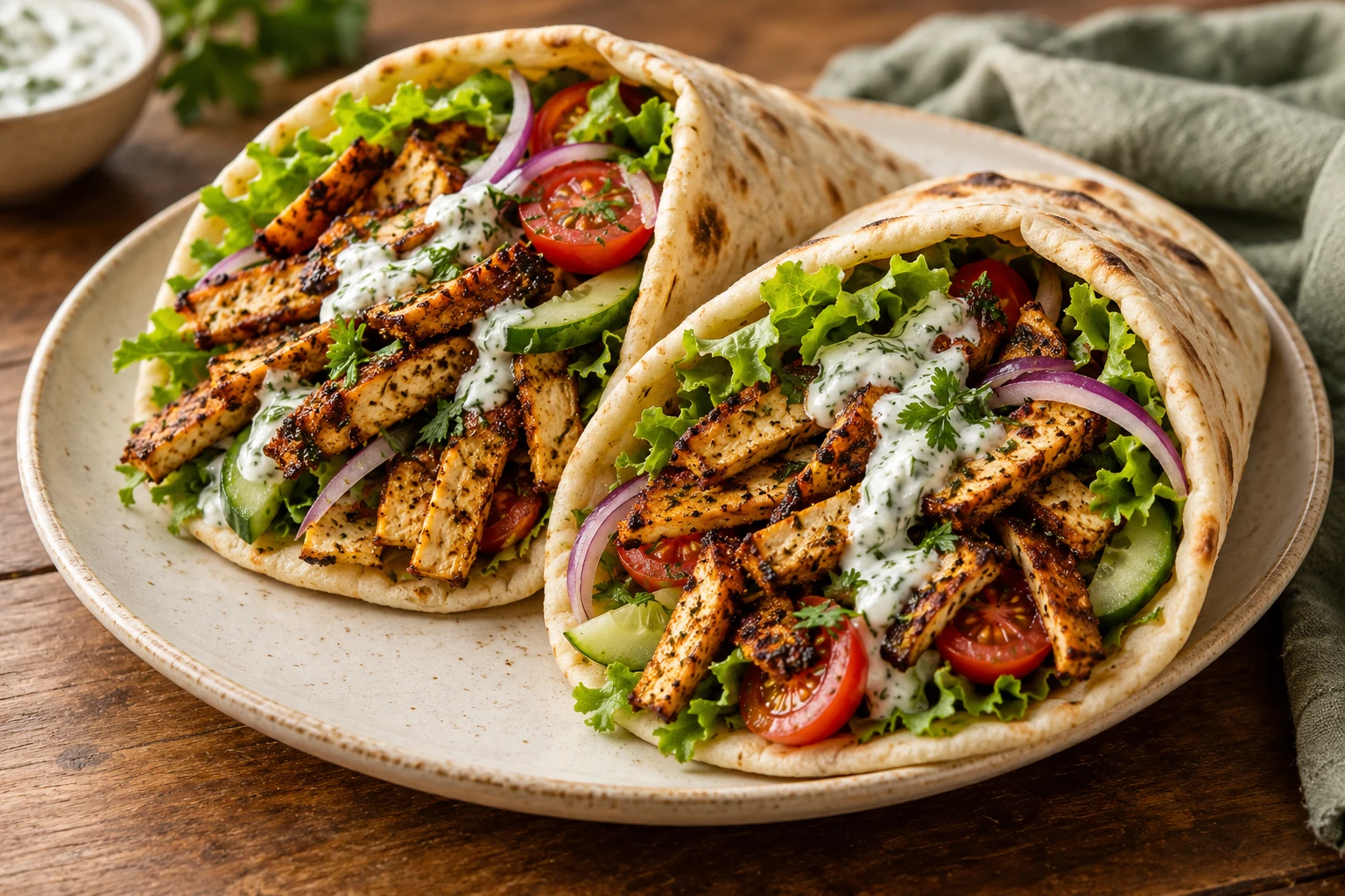 Two tofu shawarma wraps with fresh vegetables and herb yogurt sauce