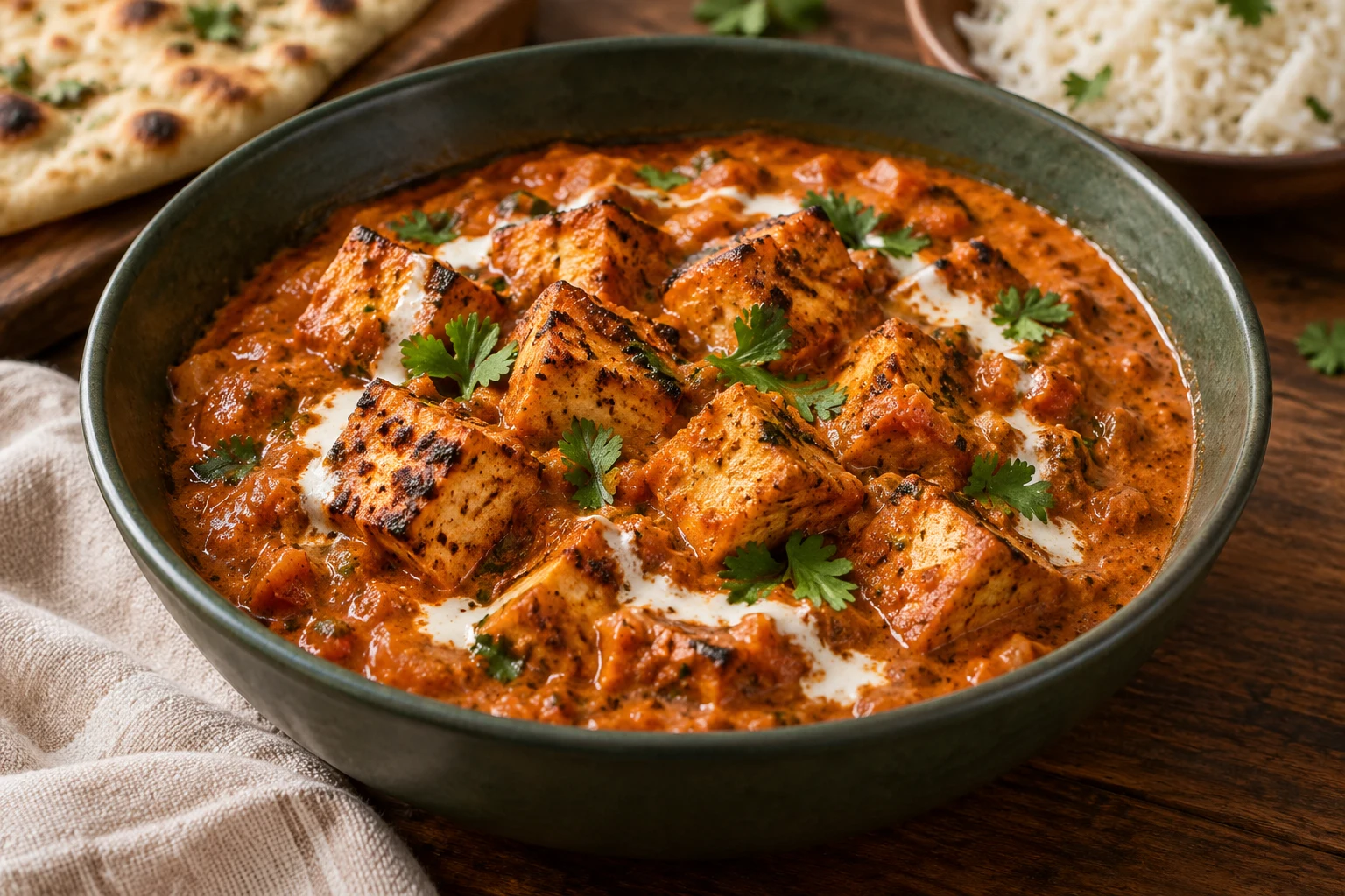 Bowl of tofu tikka masala with browned tofu, cilantro, naan, and basmati rice