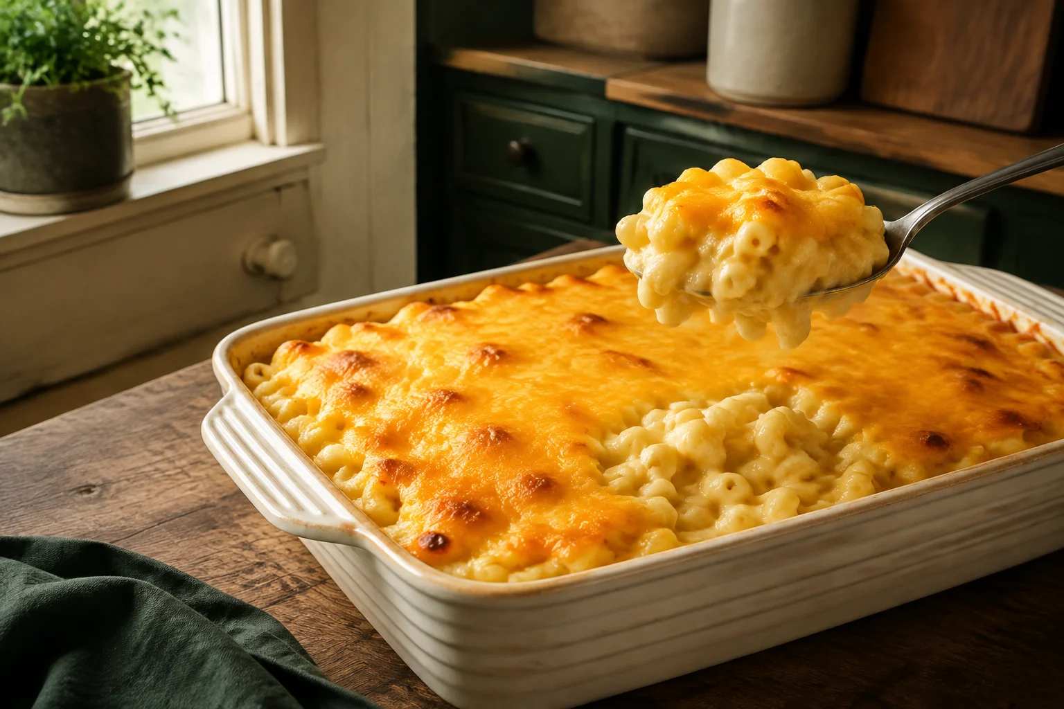 Creamy baked macaroni and cheese with a smooth melted cheddar top